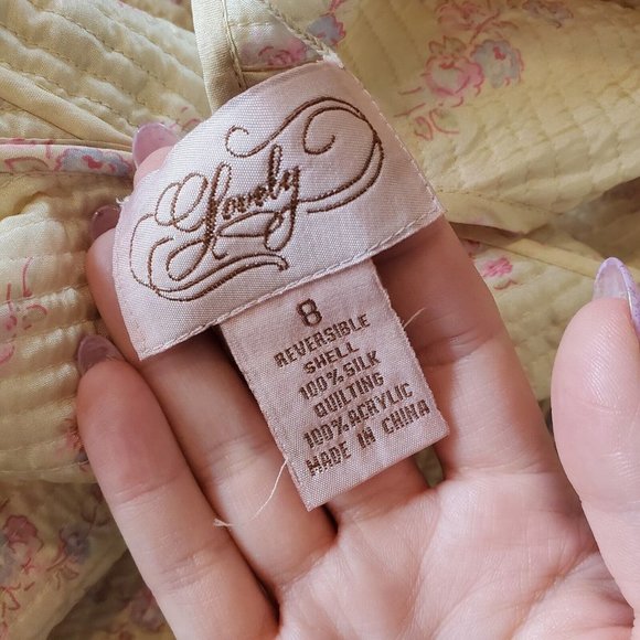 Womens Sz‎ Medium 8 Yellow Floral Quilted Jacket Thin Reversible Open Front - Picture 9 of 10